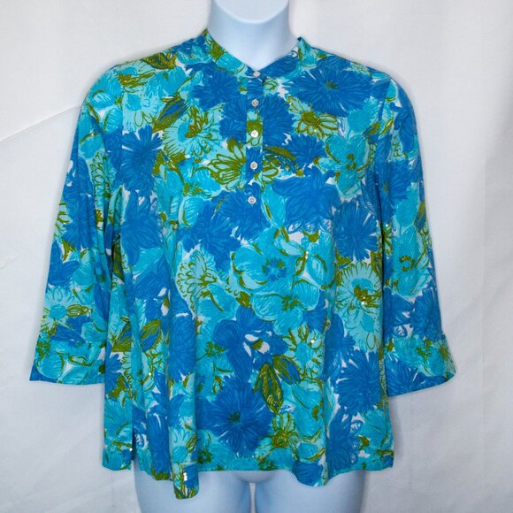 Talbots Embellished Floral Popover Top Womens LP PL Blue Petite Blouse KK12 - Picture 1 of 5